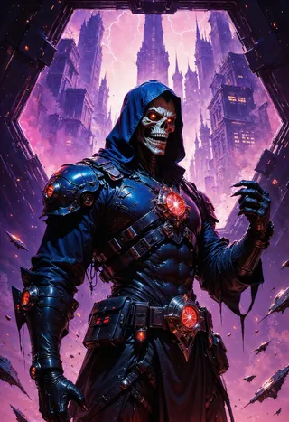 A menacing cyberpunk skeleton figure wearing a hood and mechanical armor with glowing red eyes stands before a neon-lit hexagonal window revealing a futuristic cityscape with tall towers and lightning-filled purple sky.
