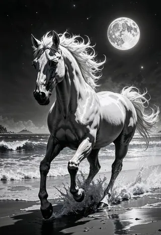 Black and white dramatic image of a majestic white horse galloping on a midnight beach with flowing mane and tail, under a glowing full moon and sparkling ocean waves.