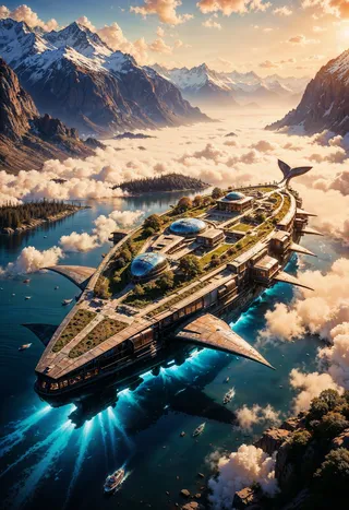 A futuristic whale-shaped floating city gliding through the fjords of Norway at golden hour, with solar rooftop gardens, bioluminescent labs, and surrounding mist.