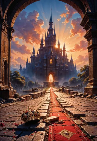 A shattered ornate golden crown lies on cobblestone pavement beneath an archway with a sprawling royal palace featuring towering spires and warm sunset hues in the background.