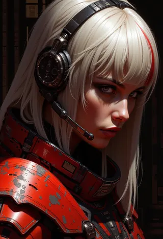 Portrait of a female space pirate with platinum bob hairstyle featuring a red streak, wearing a headset communicator, dark eyeshadow, red lips, and battered red and black power armour with iridescent textures.