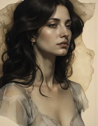 Photo-realistic portrait of a woman with long wavy black hair and blue eyes, wearing a sheer light-colored top, shown from a profile camera angle with soft lighting and a beige background.