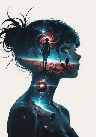 Double exposure portrait of Himiko Toga with silhouette and interstellar space opera theme, featuring cosmic landscapes and neuron-like space elements