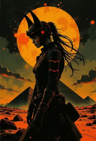 Closeup silhouette portrait of a Japanese sci-fi warrior wearing an Anubis-style helmet with a dark outfit and flowing hair, standing in front of Egyptian pyramids and a glowing orange moon.