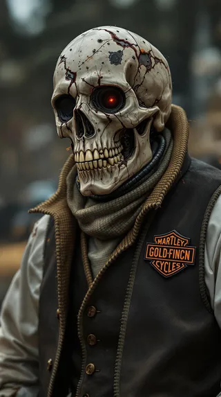 ヒビが入り、発光する機械の目を持つ未来的なサイボーグスカルの詳細な画像。ゴールドフィンチ章入りのボタン付きツイードベストを着用。