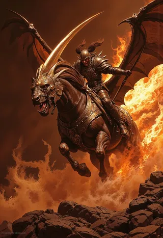 A warrior clad in ornate armor rides a dragon-like horse with large wings through raging flames and embers, escaping a fiery hell, rendered in a detailed, realistic fantasy art style.