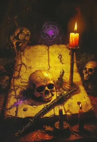 A dimly lit still life featuring a cracked spellbook with parchment pages covered in runes, a human skull adorned with a pendant, a mechanical staff emitting violet energy, glowing arcane candles on brass holders, and steampunk goggles resting on another skull, set on a black velvet cloth.