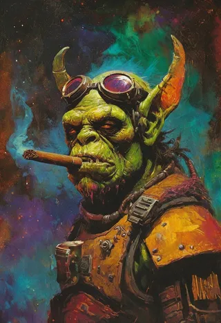 A futuristic orc mercenary with rugged goggles and a lit cigar, wearing battle-worn armor against a vibrant psychedelic space background, painted in an oil painting style with visible brush strokes.