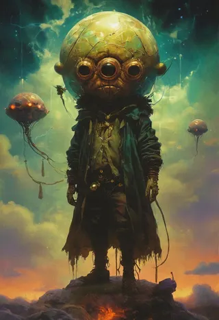 A sky-seer goblin with a large spherical helmet featuring three eye-like lenses stands on a rocky hill, casting warp-routes into a stormy sky filled with floating islands and glowing navigation orbs, rendered in a dark fantasy oil painting style with vibrant colors and punk aesthetics.