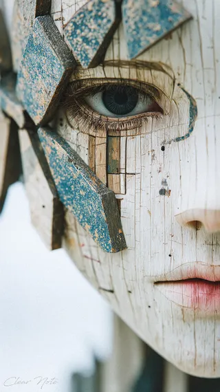 Gros plan d'un masque en bois présentant un fragment peint en bleu détaillé et un œil réaliste avec de fines textures de bois et une peinture craquelée