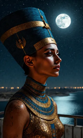 Portrait of Queen Nefertiti wearing a detailed blue and gold Nemes headdress and collar, illuminated by moonlight against a star-filled night sky over the Nile River delta.