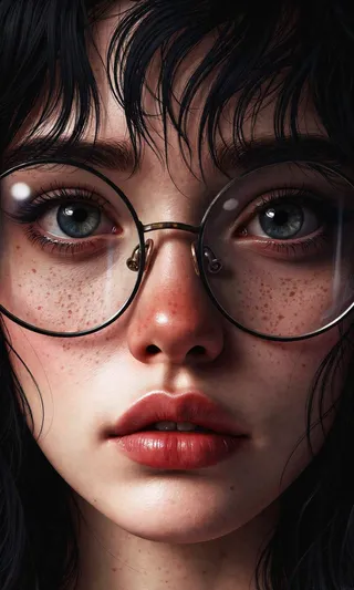 A hyper-realistic digital painting of a woman’s face with curly black hair, round glasses magnifying her deep dark eyes, fair skin with light freckles, and dramatic lighting highlighting her intense gaze.