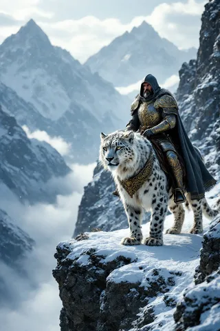 A warrior knight clad in antique steel plate armor with gold filigree rides a colossal snow leopard on a snow-covered mountain ledge surrounded by icy peaks and swirling clouds.