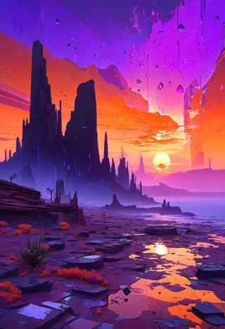 Rocky desert landscape featuring tall hoodoo rock formations under a vibrant purple-orange sunset sky with foggy weather and reflective water pools.