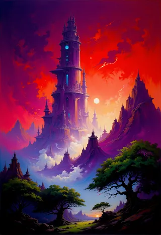 A dramatic futuristic cityscape featuring a colossal tower rising from a mountainous landscape under a vibrant sunset sky with lush trees in the foreground and atmospheric haze.