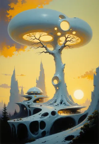 A futuristic ivory white organic tree-like structure with glowing circular portals in a sci-fi cityscape during sunset with sleek modern buildings and dramatic golden clouds.