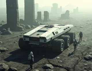 A detailed sci-fi rover with a modular design parked on a barren alien terrain surrounded by tall monolithic stone pillars and three astronauts in bulky spacesuits.