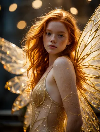Portrait of a fairy with flowing red hair, delicate golden wings, freckles, and a glittery golden dress set against a softly lit background.