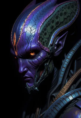 Digital portrait of a Zerg-inspired alien woman with purple iridescent carapace, orange glowing eyes, and intricate biomechanical elements on her head and shoulder.