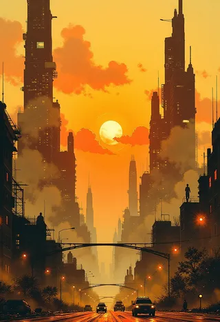 Silhouette art of an advanced sci-fi cityscape with towering skyscrapers during a golden hour sunset in warm sepia tones.