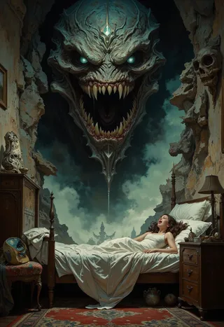 A hyper-realistic digital painting of a girl screaming in bed as a huge monstrous face with glowing eyes and sharp fangs emerges threateningly from the opposite wall in a detailed fantasy bedroom.