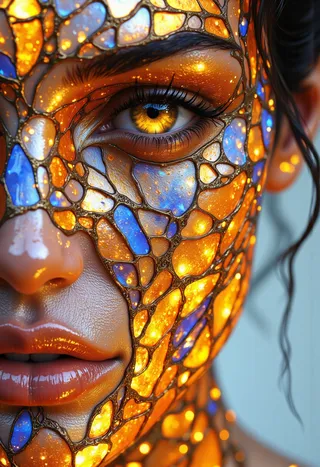 Close-up portrait of a woman's face covered in intricate stained glass panels of orange, blue, and purple hues with glowing golden eyes and translucent ruby lips.