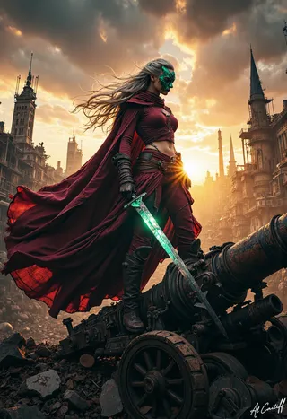 A masked warrior with flowing silver hair stands atop a large steam cannon in a ruined cityscape at sunset, wearing a red cloak and holding a glowing emerald sword.