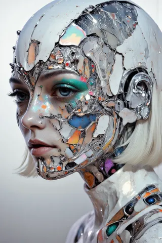 Close-up portrait of a futuristic woman with porcelain skin and white hair, wearing a fragmented silver crystal mask detailed with jagged chrome spikes, complemented by a vibrant multi-colored digital bodysuit.