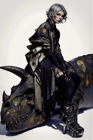 A woman with a silver bob hairstyle wearing avant-garde black fashion sits on a highly detailed Triceratops skull under dramatic high-contrast lighting.