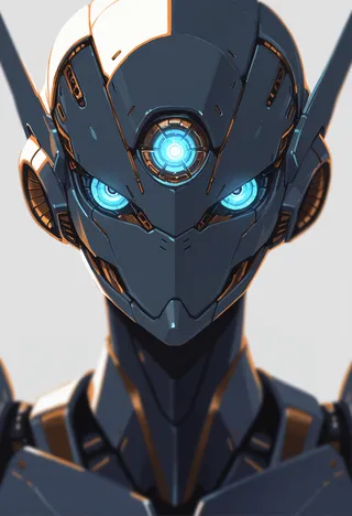 Close-up portrait of a humanoid robot with glowing blue eyes and a central glowing core, designed in a science fiction style with minimalism and depth of field effects.