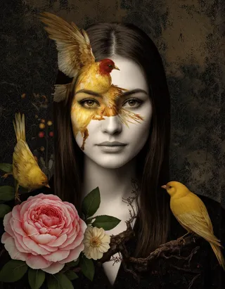 Surreal portrait of a woman with dark hair and golden eyes, featuring a bird painted on her face, surrounded by yellow birds and flowers including a large pink rose.