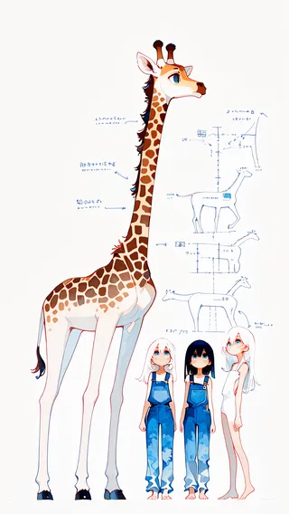 Illustration of a giraffe standing beside three girls showing height differences, with two girls in blue overalls and one girl naked, against a white background with a diagram.