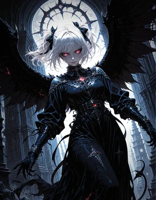 A girl demon with white hair in two ponytails tied with black bows, glowing red eyes, and pale skin, wearing a detailed black gothic dress and black gloves with claws, standing under moonlight with large black wings spread out and a ruined gothic architecture background.