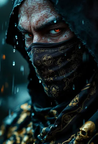 Extreme close-up of a blindfolded ninja wearing a black silk mask embroidered with golden clan sigils, raindrops falling, and intense glowing eyes.