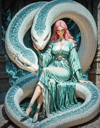 A pink-haired woman with blue eyes in a delicate turquoise hanfu and high heels sits with crossed legs, petting the head of a giant white and teal snake coiled around her.