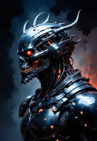 Close-up profile of a futuristic death knight adorned in dark, jagged metallic armor with glowing red eyes and demonic horn-like spikes on the helmet.