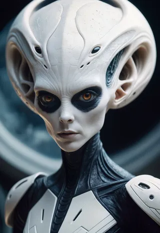 Photorealistic close-up portrait of a highly detailed alien woman with geometric skull and sharp features set in a cinematic film still style.
