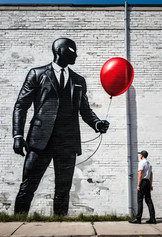 Realistic street art mural on a white brick wall showing a black silhouette in a suit holding a red balloon, observed by a man standing nearby.
