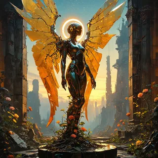 A synthetic angel stands on a cracked obsidian plinth in a ruined sanctuary flooded with overgrowth, featuring golden crystalline wings and a glowing halo at dusk.