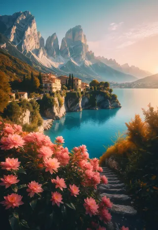 A sunset over Italian mountains with a crystal lake surrounded by autumn foliage and blooming pink flowers, a quaint village perched on cliffs above tranquil waters.