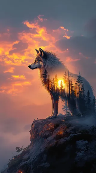 A majestic wolf stands on a cliff at sunset, featuring a dreamy double exposure effect that reveals a misty forest and glowing sun within its silhouette, enhanced by expressive oil brushstrokes and cinematic lighting.