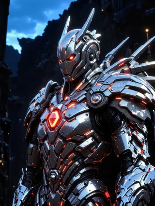 Highly detailed futuristic cyborg clad in reflective segmented steel armor with glowing red core and eyes, set against a dark rocky mountainous background under twilight sky.