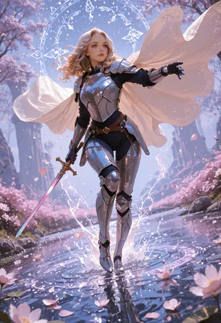 A female knight in gleaming silver armor stands gracefully on water surrounded by pink spring blossoms, holding an enchanted sword and wearing a flowing cape.