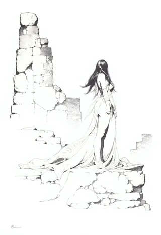 Minimalist black and white sketch of an ethereal young maiden wearing a sheer flowing dress standing among ancient stone ruins.