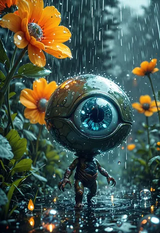A robotic walking eyeball creature stands in a puddle surrounded by large orange alien flowers under heavy rain with water droplets and bubbles around.
