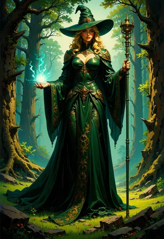 A tall female druid wearing an elaborate green gown and large witch's hat, holding a glowing magical staff in an enchanted forest with towering trees and soft natural and magical lighting.