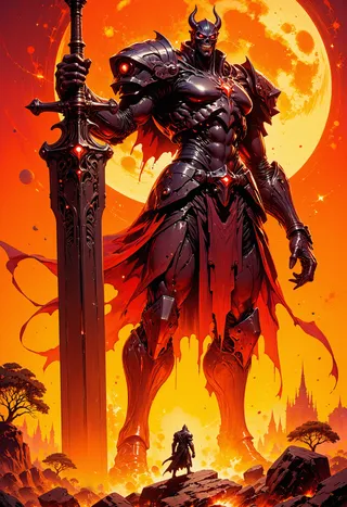 A towering dark knight with glowing red eyes and ornate armor stands wielding a massive sword in a fiery volcanic landscape, with a small human figure in foreground.