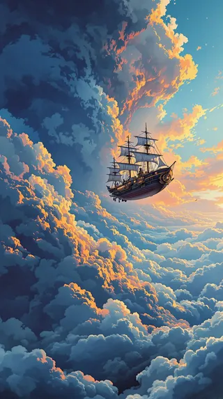 A steampunk airship with tall masts and sails flying over dramatic volcanic clouds, featuring romanticism-style lighting and comic book heavy ink outlines.