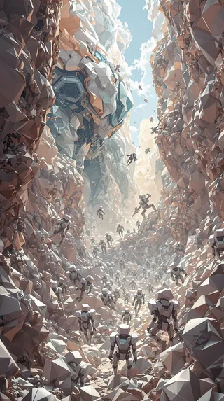 Origami-style mech robots fighting across a surreal floating fractal terrain with intricate paper folds and mechanical details under a bright sky.