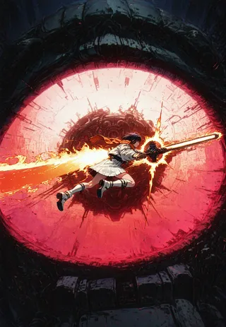 A girl with short black hair and an orange scarf jumps in mid-air, wielding a flaming sword aimed at a giant robot's huge glowing eye, surrounded by fire and dramatic lighting in a cyberpunk dark fantasy setting.